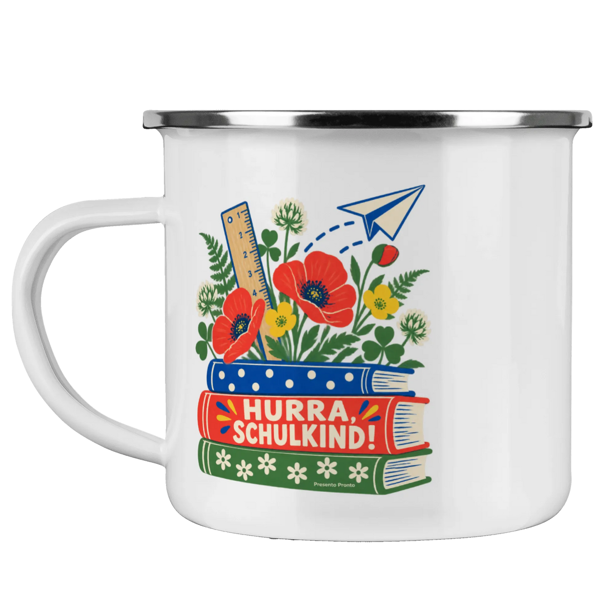 Fröhliche Emaille Tasse zur Einschulung für Mädchen mit Bücherstapel|p:2016543|h:3252e45464c9ddf282d301c191bda161