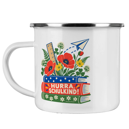 Fröhliche Emaille Tasse zur Einschulung für Mädchen mit Bücherstapel|p:2016543|h:3252e45464c9ddf282d301c191bda161