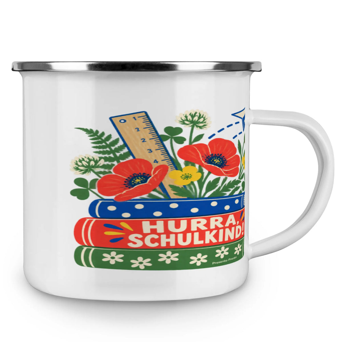 Fröhliche Emaille Tasse zur Einschulung für Mädchen mit Bücherstapel|p:2016543|h:1e908762fc94ca63f3a5a18afbb7ecef