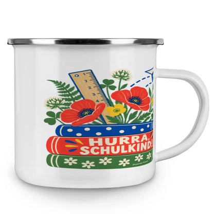 Fröhliche Emaille Tasse zur Einschulung für Mädchen mit Bücherstapel|p:2016543|h:1e908762fc94ca63f3a5a18afbb7ecef