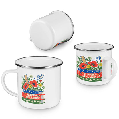 Fröhliche Emaille Tasse zur Einschulung für Mädchen mit Bücherstapel|p:2016543|h:cc931808201512edc14b87a93170cc7d