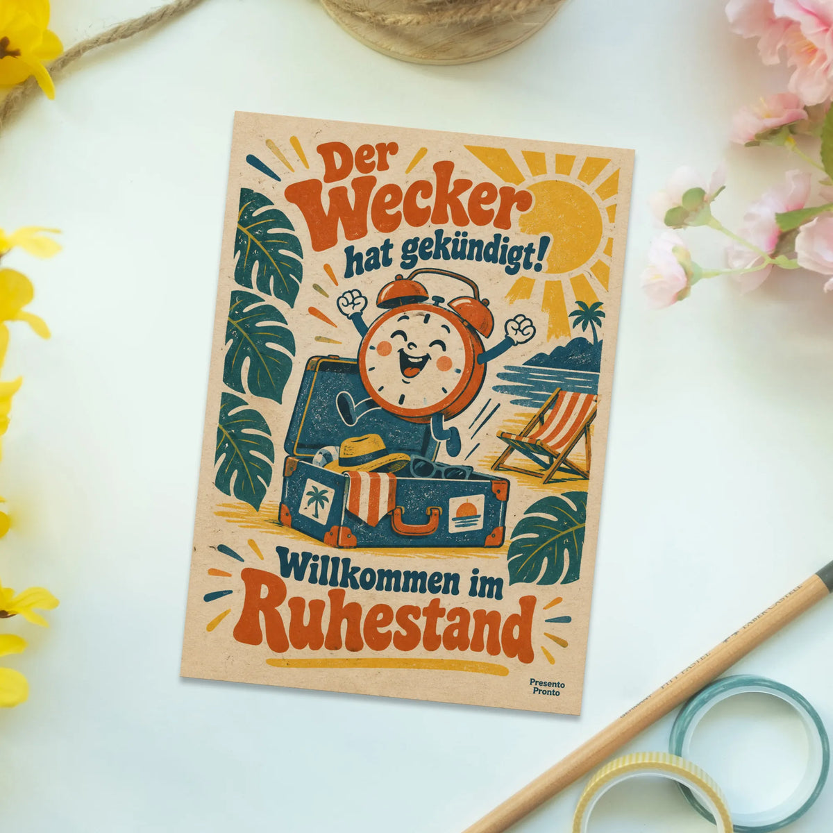 Lustige Grußkarte zur Rente mit springendem Wecker|p:2016553|h:8be3b26b039980d04b0cb7dbb0047812