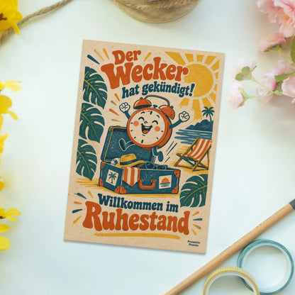 Lustige Grußkarte zur Rente mit springendem Wecker|p:2016553|h:8be3b26b039980d04b0cb7dbb0047812