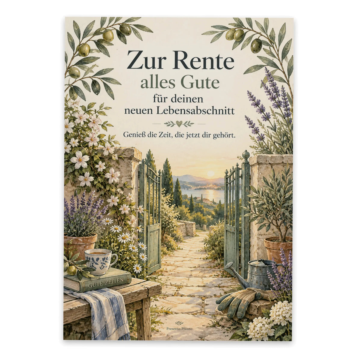 Elegante Grußkarte zur Rente mit offenem Gartentor|p:2016557|h:e10f4cf17c23d616d3c7405357806ecb