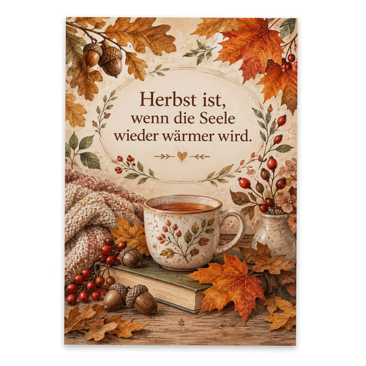 Gemütliche Herbst Postkarte mit Teetasse und Blättern|p:2016560|h:649d80a5f70440d408e6db913847906d