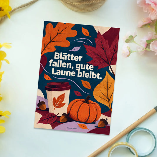 Fröhliche Herbst Postkarte mit Blättern und Kürbis|p:2016561|h:d5bfc1001414418c481b6bff79f6ad9f