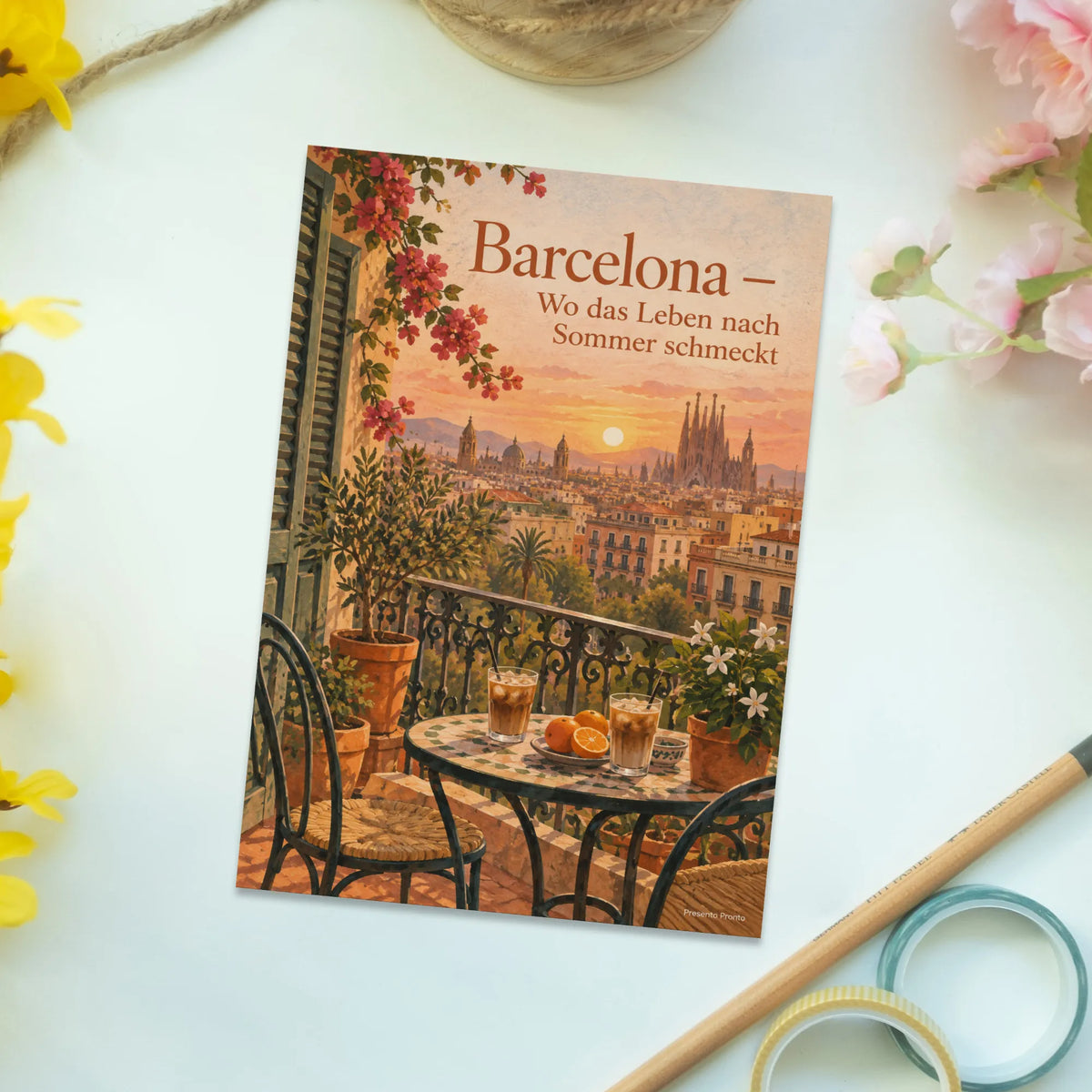 Sonnige Postkarte aus Barcelona für Fans mit Balkon bei Sonnenuntergang|p:2016590|h:9da57db91d1439138747d96a24b93f3f