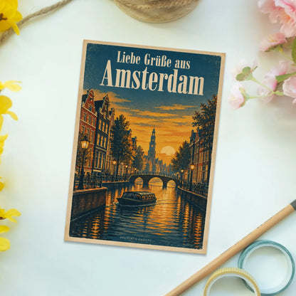 Herzliche Postkarte aus Amsterdam für Urlaubsgrüße mit Grachtenhäusern|p:2016593|h:967466115a75cb91209279f97c020241