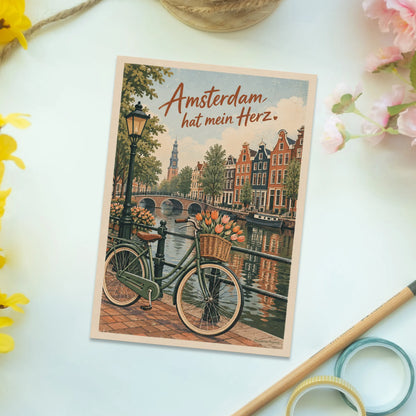 Romantische Postkarte Amsterdam als Urlaubsgruß mit Fahrrad|p:2016596|h:e908663431c36c17b645077a18091a55