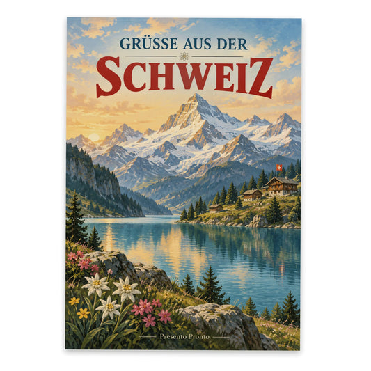 Nostalgische Postkarte aus der Schweiz für Urlaubsgrüße am Bergsee|p:2016603|h:3e4bccc41b24ccdae0d0abe3e166a41f