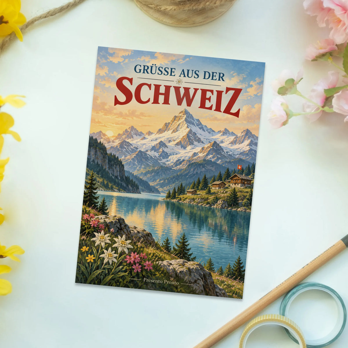 Nostalgische Postkarte aus der Schweiz für Urlaubsgrüße am Bergsee|p:2016603|h:3fe08e6caf4fdd4c8a52c76c4df228fc