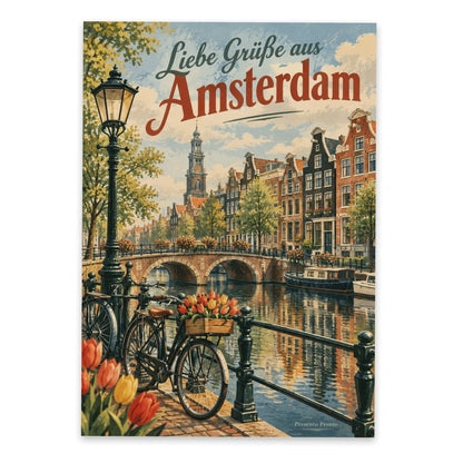 Herzliche Postkarte aus Amsterdam mit Kanal für Urlaubsgrüße|p:2016610|h:f24b74d8f021159fd903e535c2636511