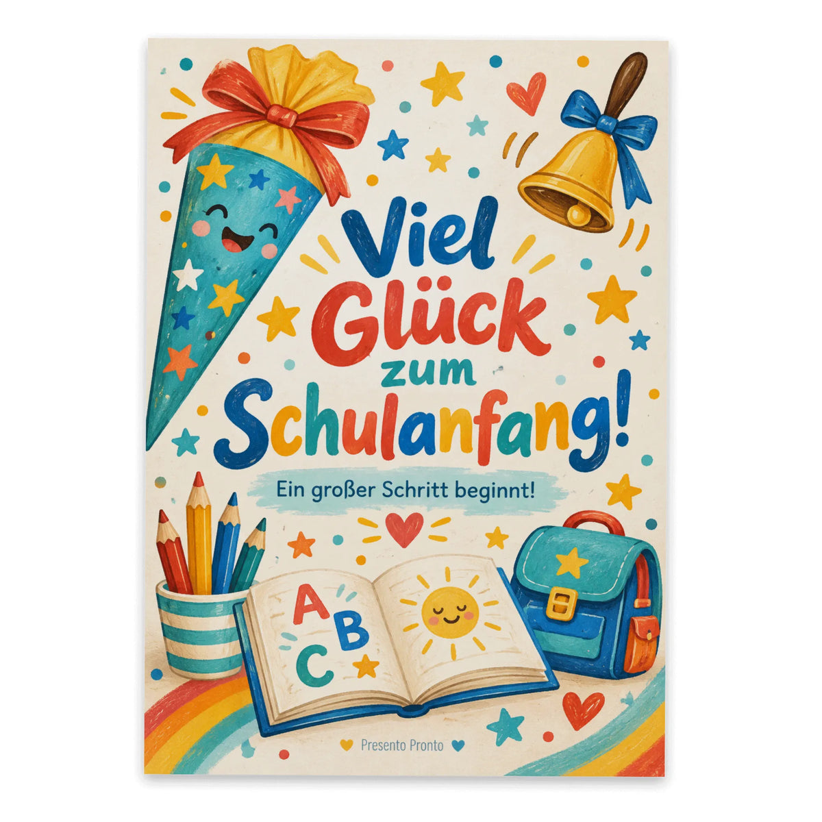 Fröhliche Grußkarte zur Einschulung mit bunter Schultüte|p:2016624|h:71c331faf8f3b1263c85a2a7df9d53bd