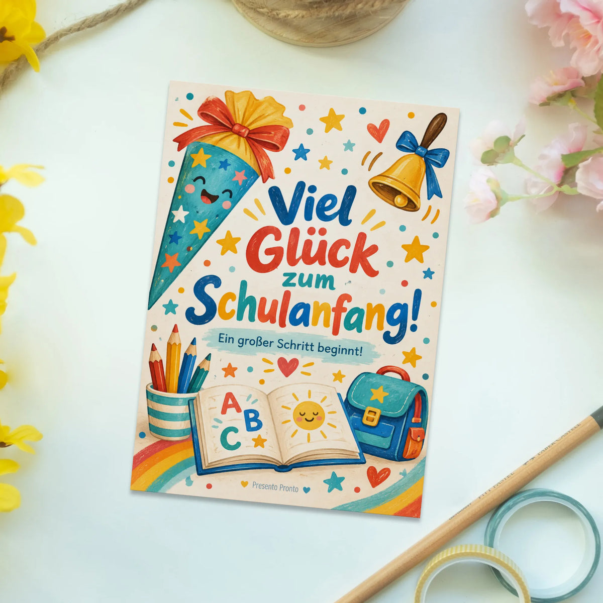 Fröhliche Grußkarte zur Einschulung mit bunter Schultüte|p:2016624|h:c7a7599d4b51bf8e6ae605838899d5c9