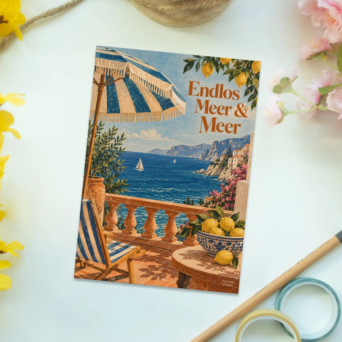 Lustige Postkarte zur Reise mit Sonnenschirm am Meer|p:2016637|h:756119a74bdab2029c1fa46081aae1ae