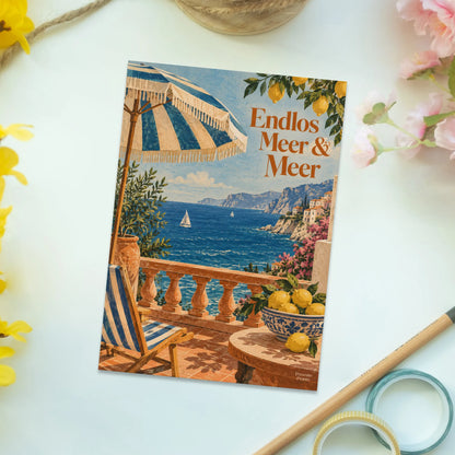 Lustige Postkarte zur Reise mit Sonnenschirm am Meer|p:2016637|h:756119a74bdab2029c1fa46081aae1ae