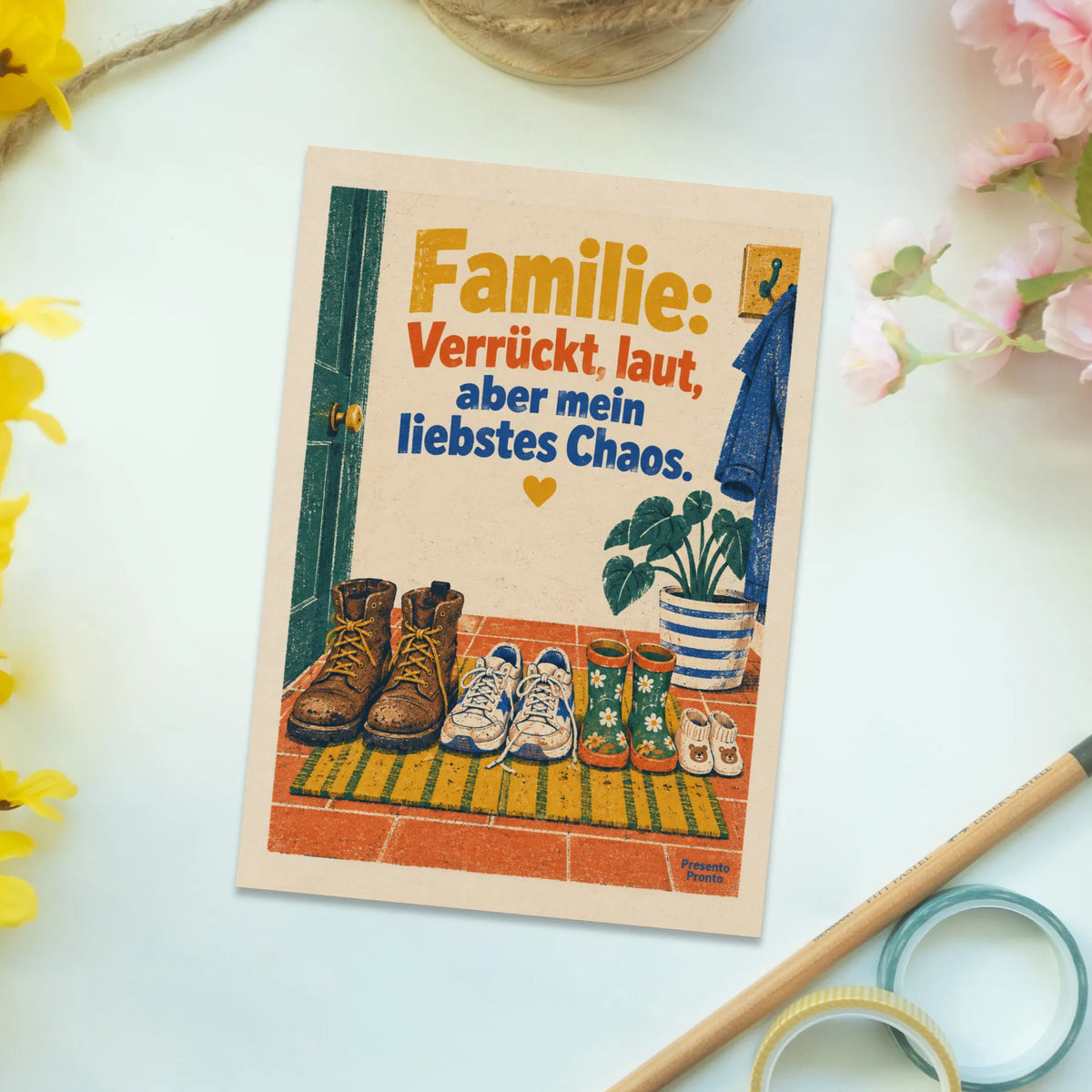 Lustige Postkarte für die Familie mit Schuhen vor der Tür|p:2016640|h:93dca9c32ad904f0c457e2e13af08e64