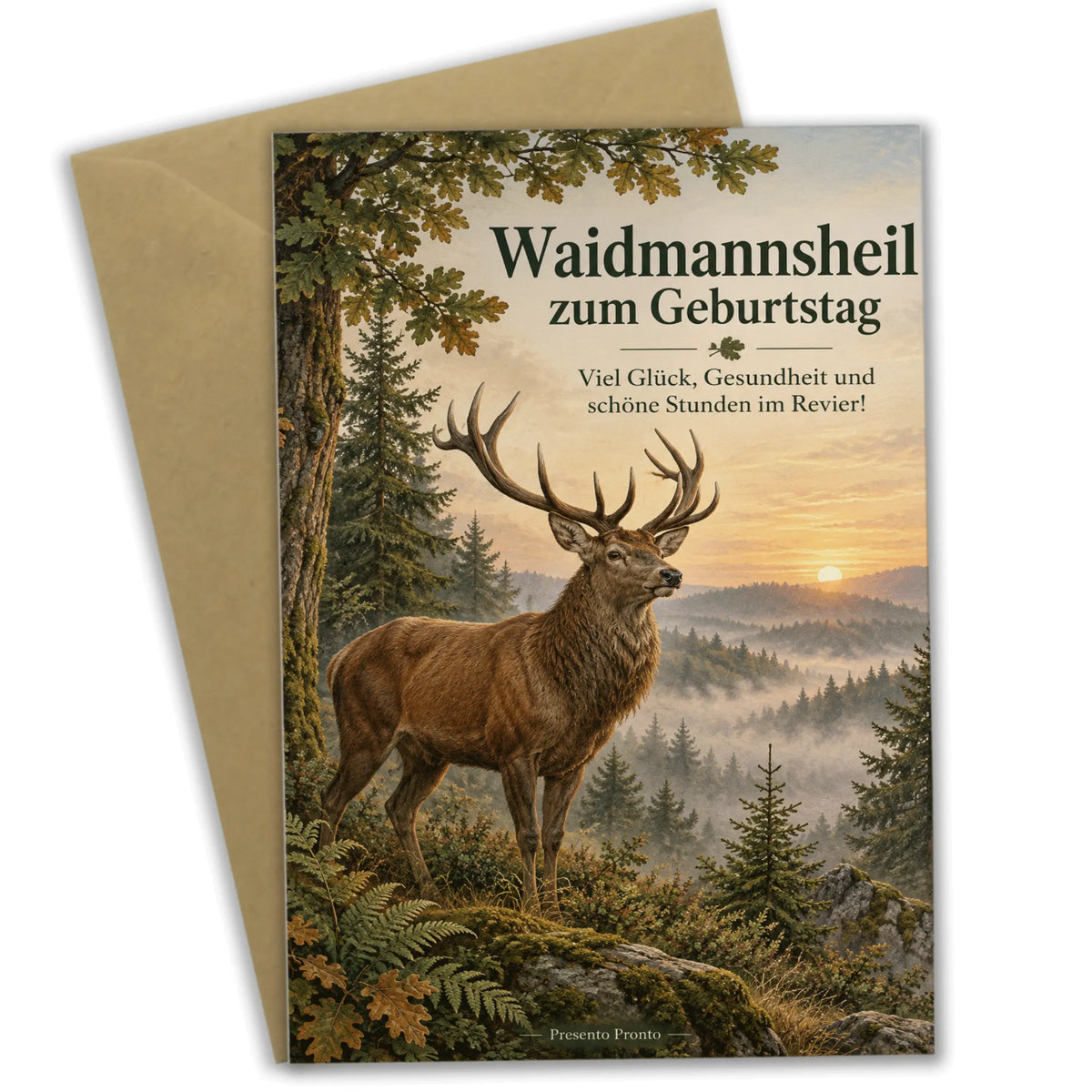 Traditionelle Geburtstagskarte für Jäger mit Rothirsch im Wald|p:2016685|h:35cbe3a6200147eec1dc4100ff744439