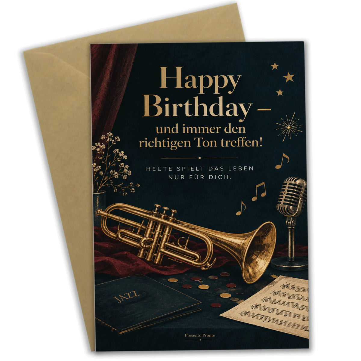 Elegante Geburtstagskarte für Musikfans mit goldener Trompete|p:2016687|h:c2858d8f7712c8a7db97a2033b695243