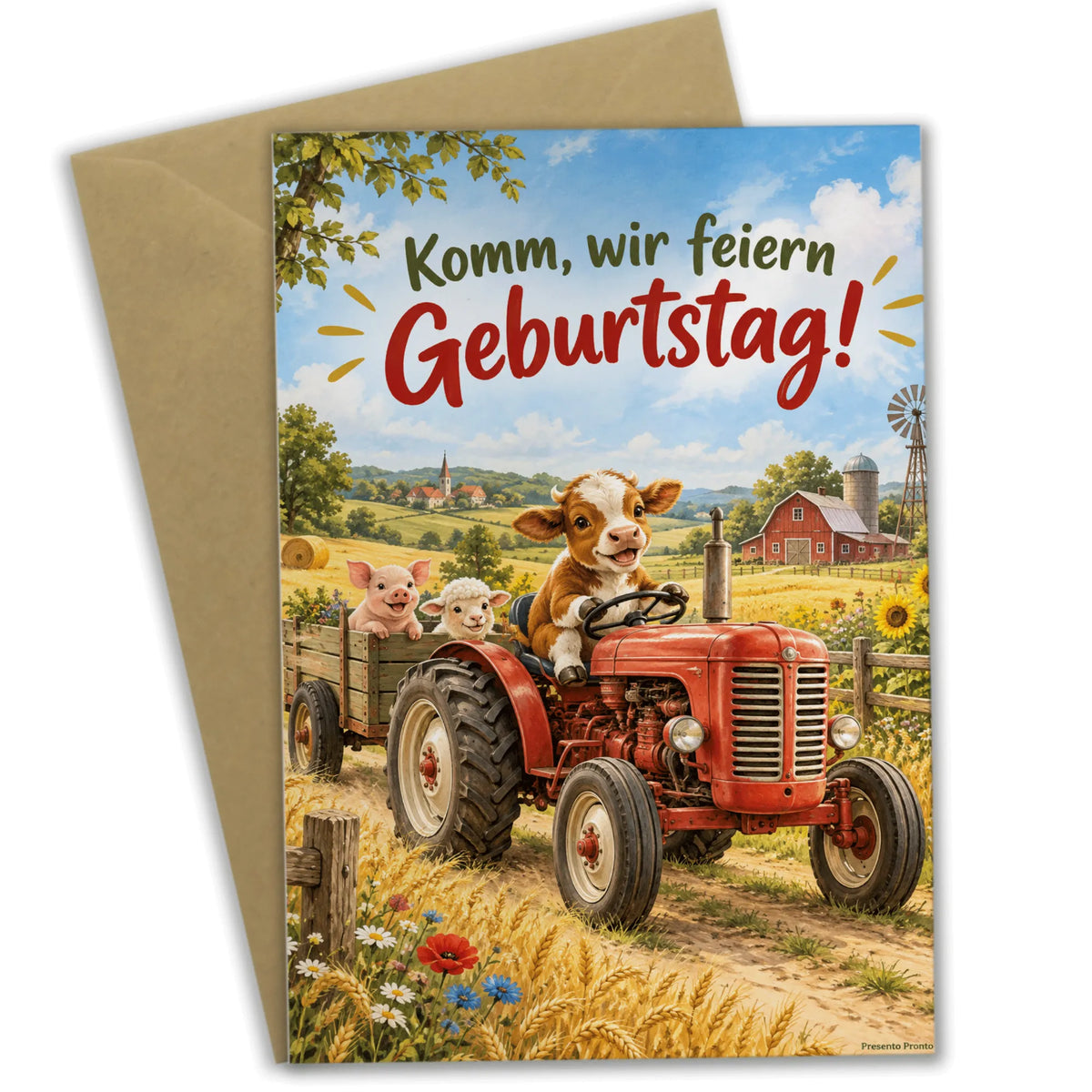 Fröhliche Einladungskarte zum Geburtstag mit rotem Traktor|p:2016708|h:67366328f02f4995c616d25943159655