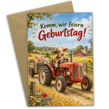 Fröhliche Einladungskarte zum Geburtstag mit rotem Traktor|p:2016708|h:67366328f02f4995c616d25943159655