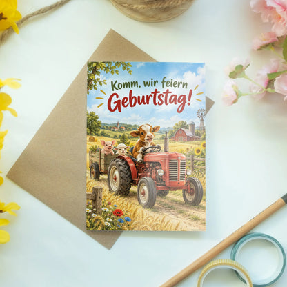 Fröhliche Einladungskarte zum Geburtstag mit rotem Traktor|p:2016708|h:efcedcf22791709570aeb1fc6729c6ab