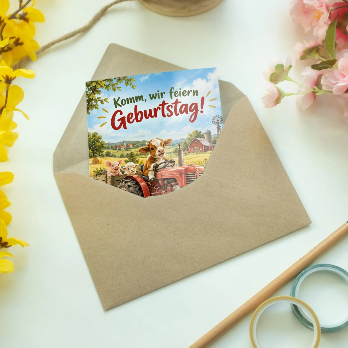 Fröhliche Einladungskarte zum Geburtstag mit rotem Traktor|p:2016708|h:51a0c4c0124a4f1dbbfd1cc50ddc74c7