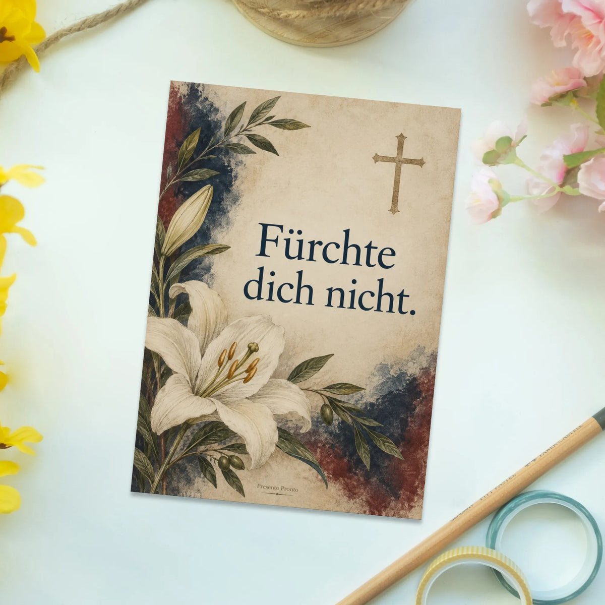 Tröstliche christliche Postkarte für Trauernde mit weißer Lilie|p:2016726|h:81c2608896d6ab2407f863272c5ab989
