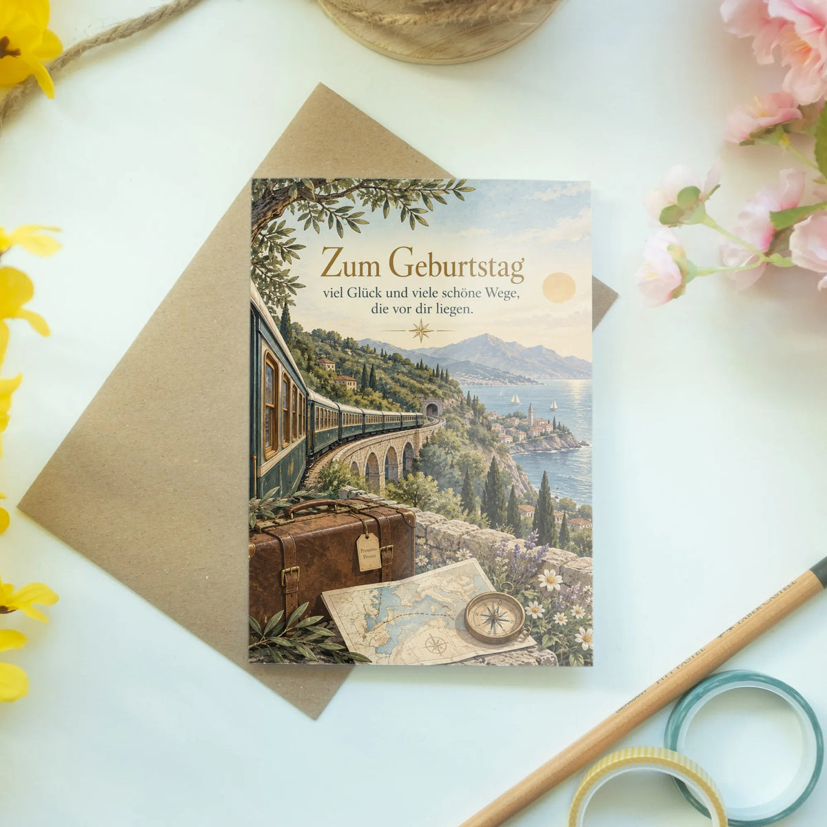 Elegante Geburtstagskarte zur Reise mit Zug|p:2016727|h:03ddb5018542179a0cb6a68a4704304f