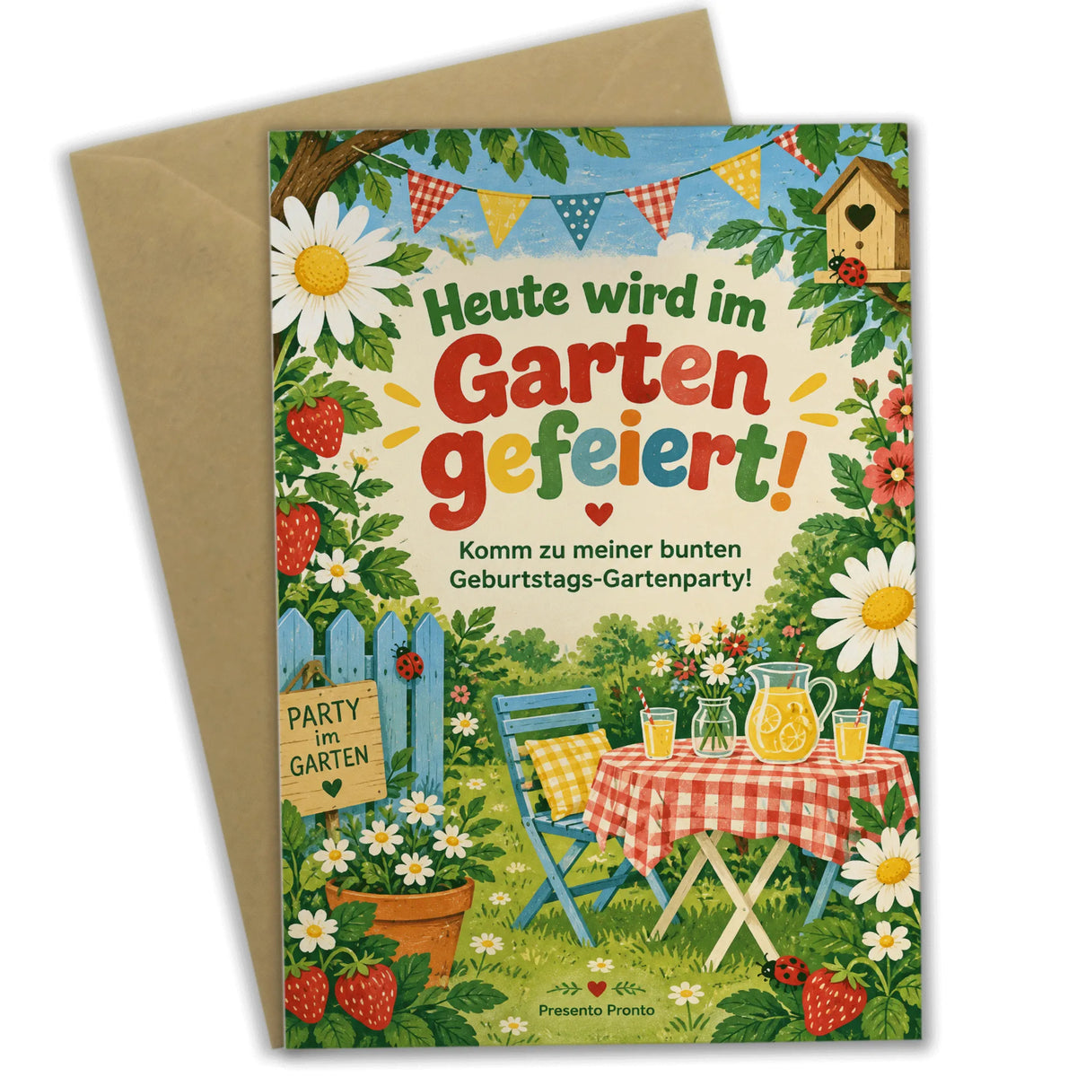 Fröhliche Einladungskarten zur Gartenparty mit Erdbeeren und Wimpeln|p:2016741|h:505cf8255baf8e19f391b1c84defbc23