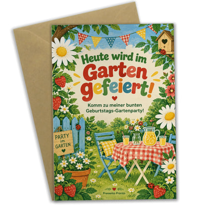 Fröhliche Einladungskarten zur Gartenparty mit Erdbeeren und Wimpeln|p:2016741|h:505cf8255baf8e19f391b1c84defbc23