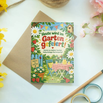 Fröhliche Einladungskarten zur Gartenparty mit Erdbeeren und Wimpeln|p:2016741|h:250a2be122fb4af1c3602282d44dfe83