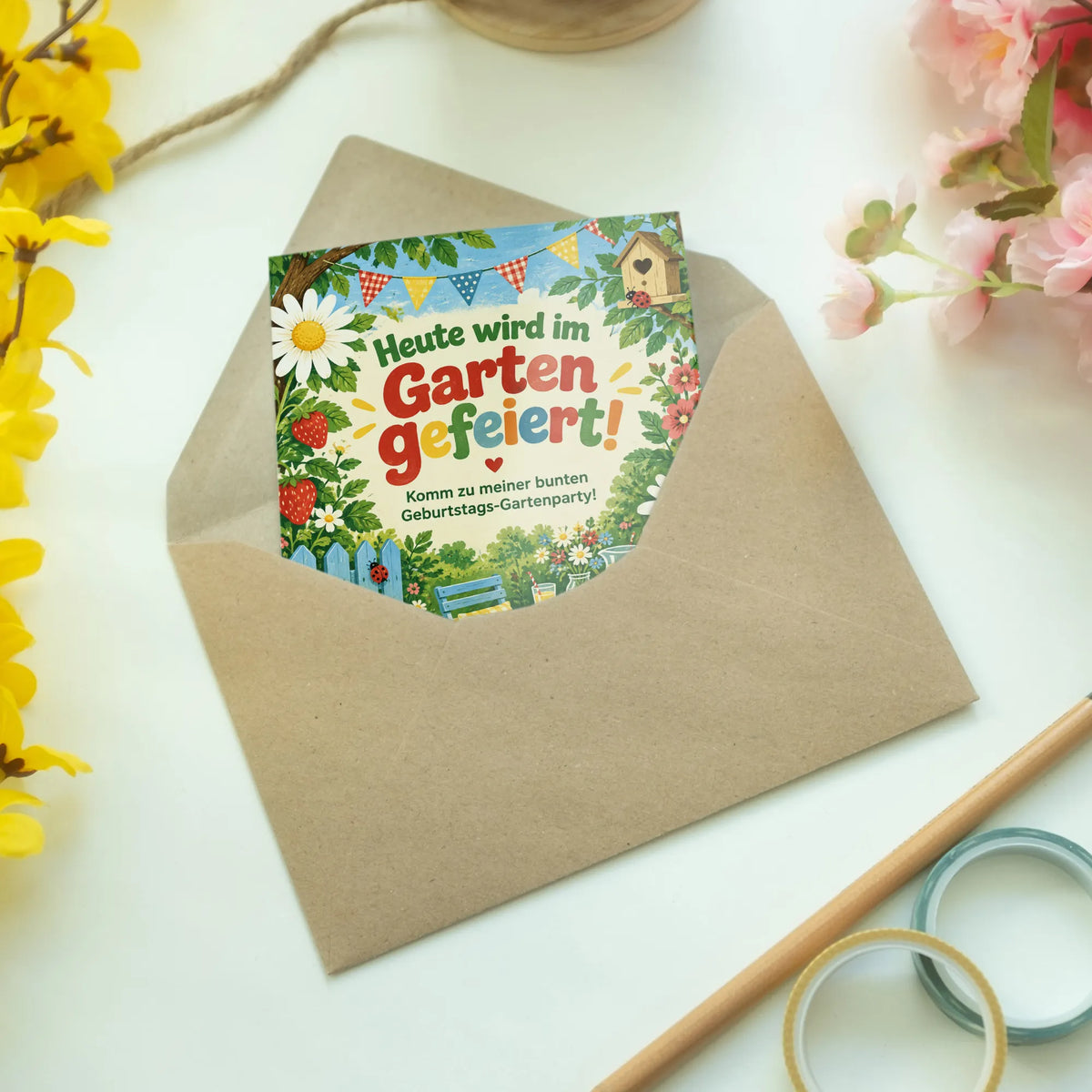 Fröhliche Einladungskarten zur Gartenparty mit Erdbeeren und Wimpeln|p:2016741|h:b28378e15ce6d3d20d629cdf451f0100