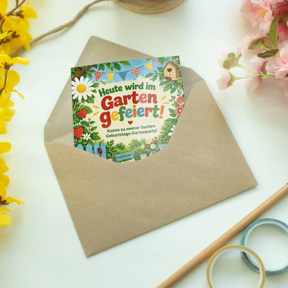 Fröhliche Einladungskarten zur Gartenparty mit Erdbeeren und Wimpeln|p:2016741|h:b28378e15ce6d3d20d629cdf451f0100