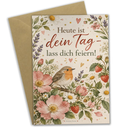 Süße Geburtstagskarte mit Vogel und Erdbeeren|p:2016748|h:1ee574ddc88124170be98bbe1b9fef78