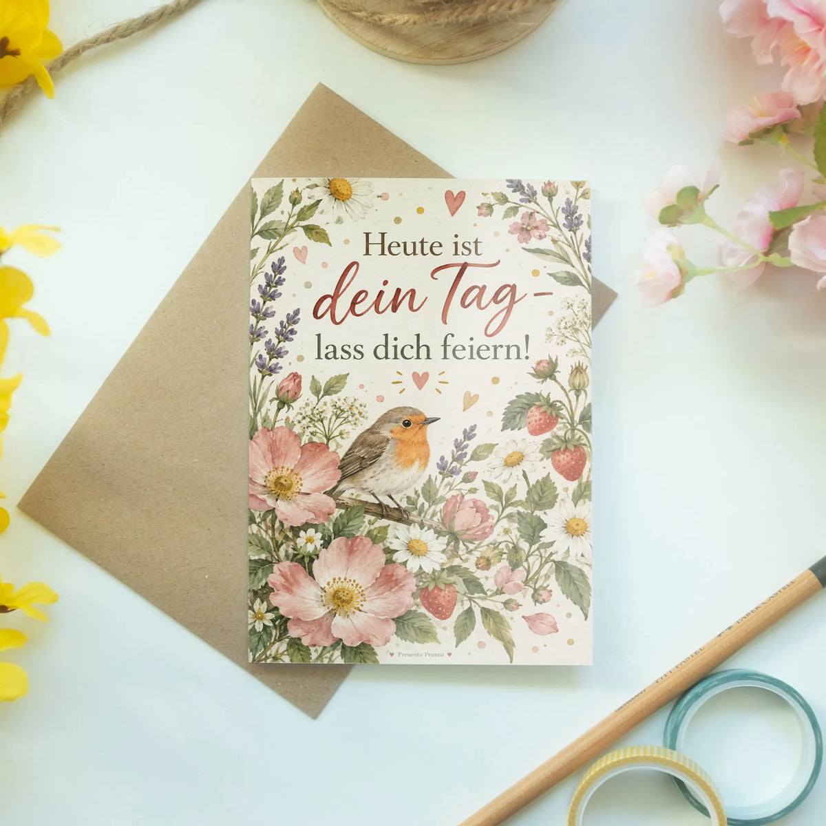 Süße Geburtstagskarte mit Vogel und Erdbeeren|p:2016748|h:c0236d4af89d5ff108951e25706bee76
