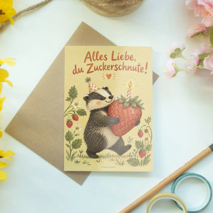Süße Geburtstagskarte mit pummeligem Dachs|p:2016754|h:16a19a47025614ebe69492c9dd6dc179