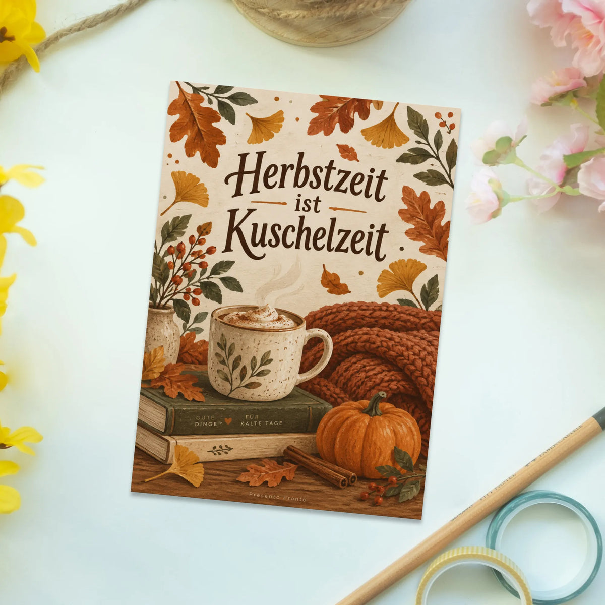 Gemütliche Herbstpostkarte mit Kürbis und Chai-Latte|p:2016776|h:2e6bae47bc6ac0a5ae4ffd243c9522f3
