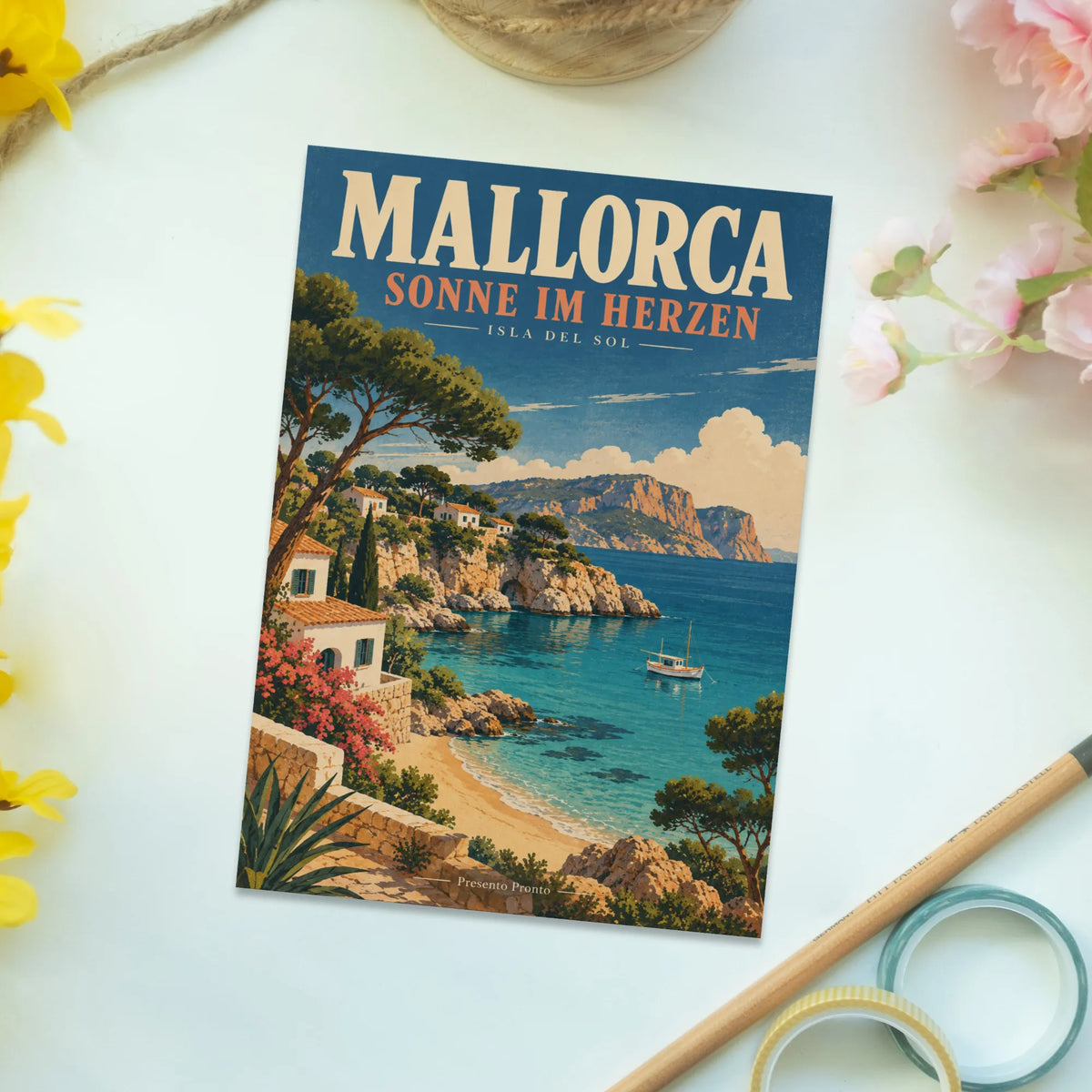 Nostalgische Postkarte Mallorca mit türkiser Bucht|p:2016783|h:60255898df522466a7e1613171a2977f