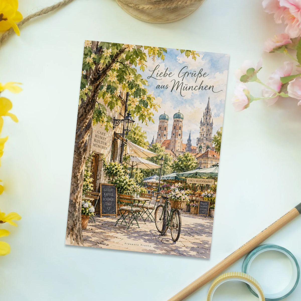 Poetische Postkarte aus München mit Straßencafé|p:2016789|h:755a4506a6da40b6b0aeaad790a70062