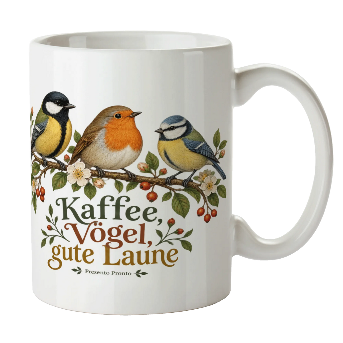 Fröhliche Tasse mit Vögeln für Vogelliebhaber auf blühendem Zweig|p:2016859|h:6d9d4d01dc30e391c296770c53522158
