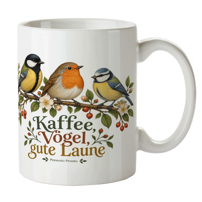 Fröhliche Tasse mit Vögeln für Vogelliebhaber auf blühendem Zweig|p:2016859|h:6d9d4d01dc30e391c296770c53522158