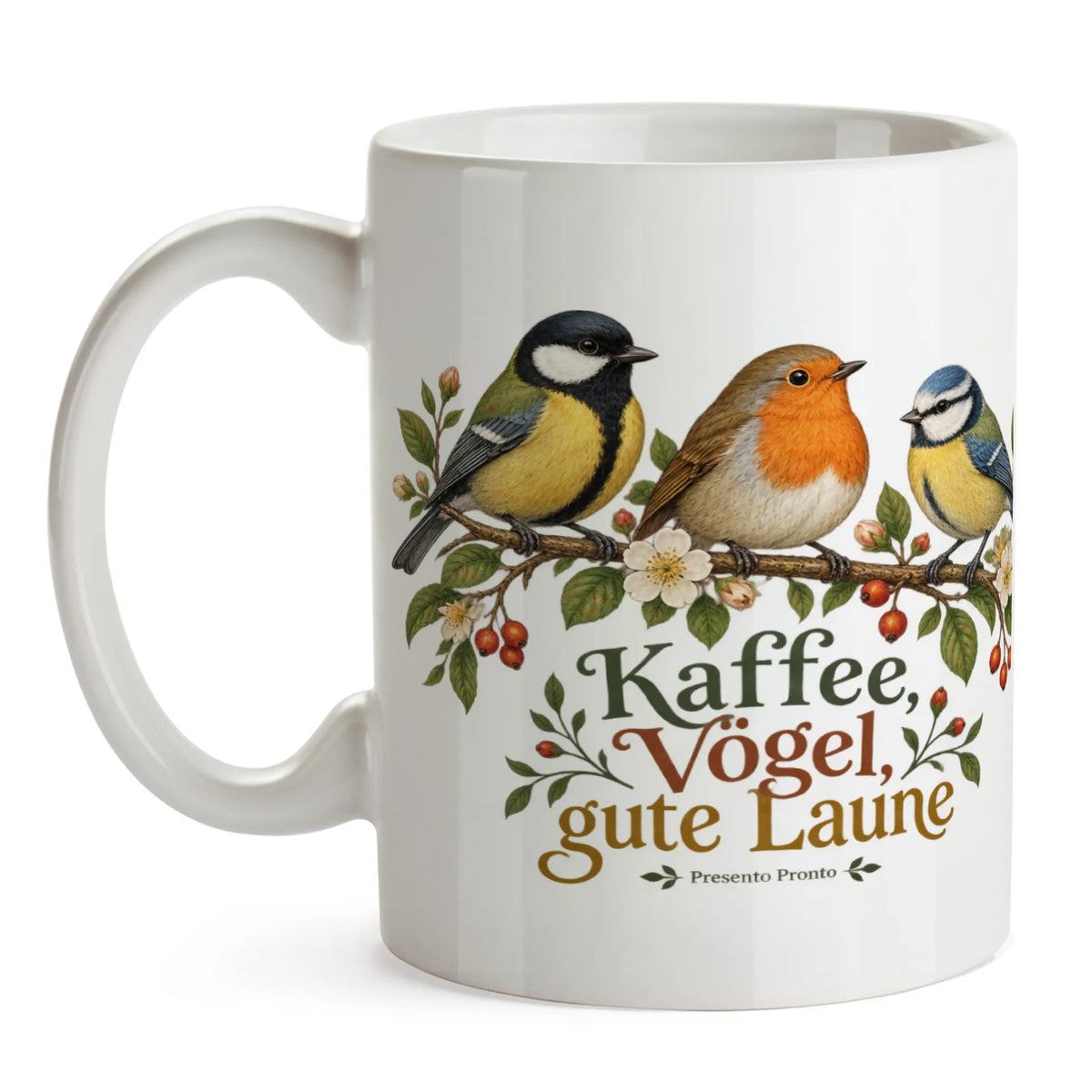 Fröhliche Tasse mit Vögeln für Vogelliebhaber auf blühendem Zweig|p:2016859|h:e15be2d0c8be7854201ae9f8203c1d1d