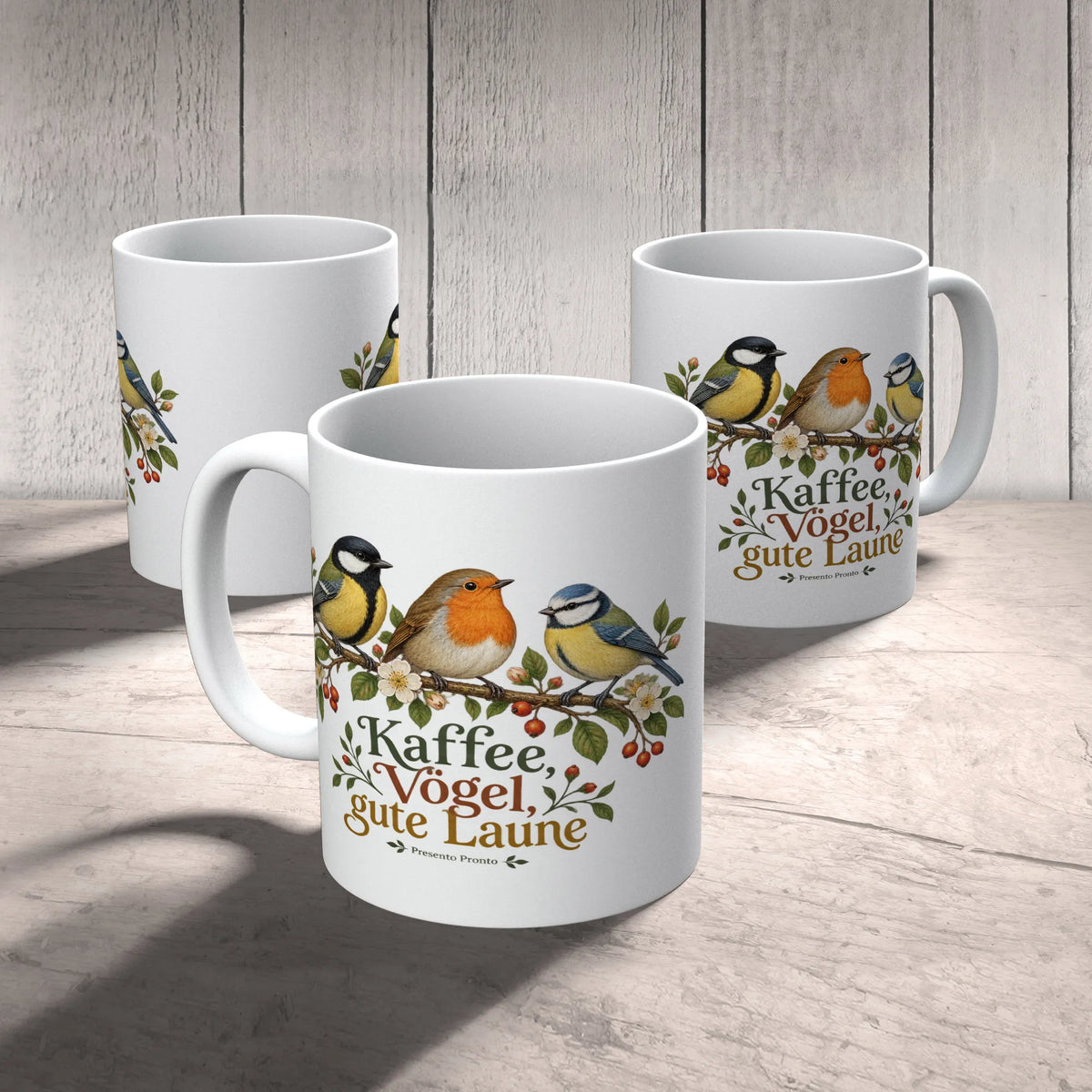Fröhliche Tasse mit Vögeln für Vogelliebhaber auf blühendem Zweig|p:2016859|h:97298964fbd159ccc0821e79b9e39a19