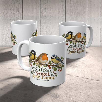 Fröhliche Tasse mit Vögeln für Vogelliebhaber auf blühendem Zweig|p:2016859|h:97298964fbd159ccc0821e79b9e39a19