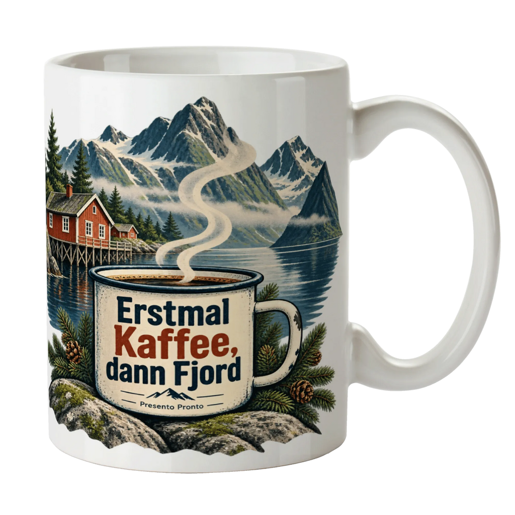 Lustige Tasse für Norwegen-Fans mit roter Hütte am Fjord|p:2016928|h:44a0482f51b8dc97ff72e6ffd27c52ec