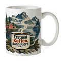 Lustige Tasse für Norwegen-Fans mit roter Hütte am Fjord