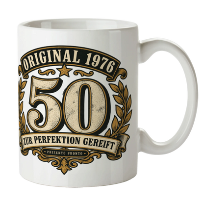 Nostalgische Tasse zum 50. Geburtstag für Männer mit Lorbeeremblem|p:2016930|h:4e4660357ae53b856b984ea85398e792