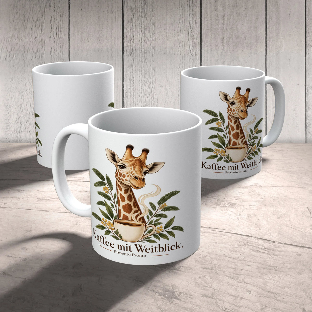 Elegante Giraffentasse für Kaffeefans mit Akazienblättern|p:2016970|h:ff32a709413257596235a3aaf495d4e7