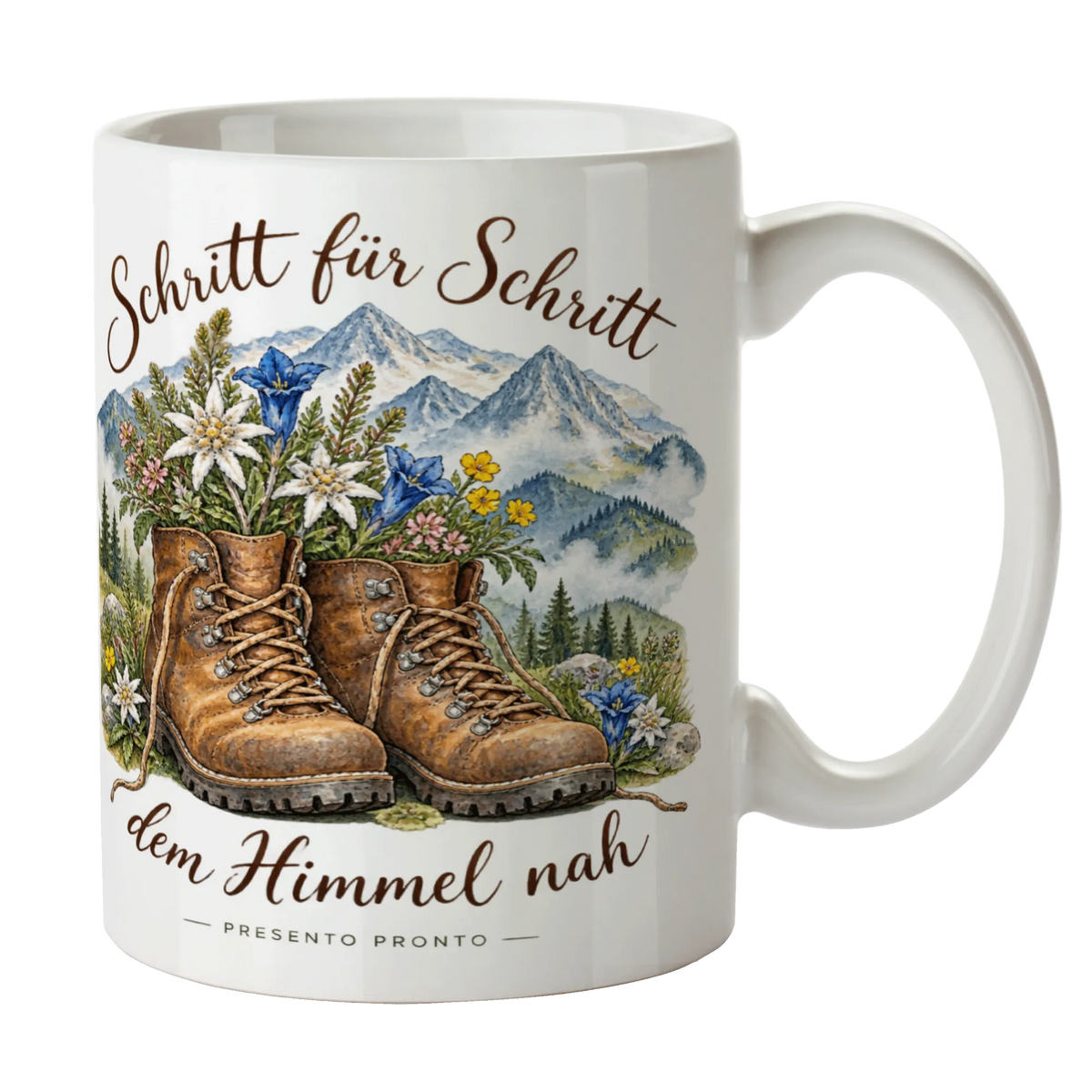 Inspirierende Tasse zum Wandern mit Wanderschuhen und Bergblick|p:2016991|h:05589b804b022ce4567036dac6016790